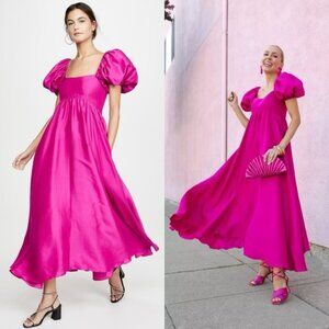 Azeeza Rory Puff Sleeve Magenta Pink Silk Ankle Length Dress Size L